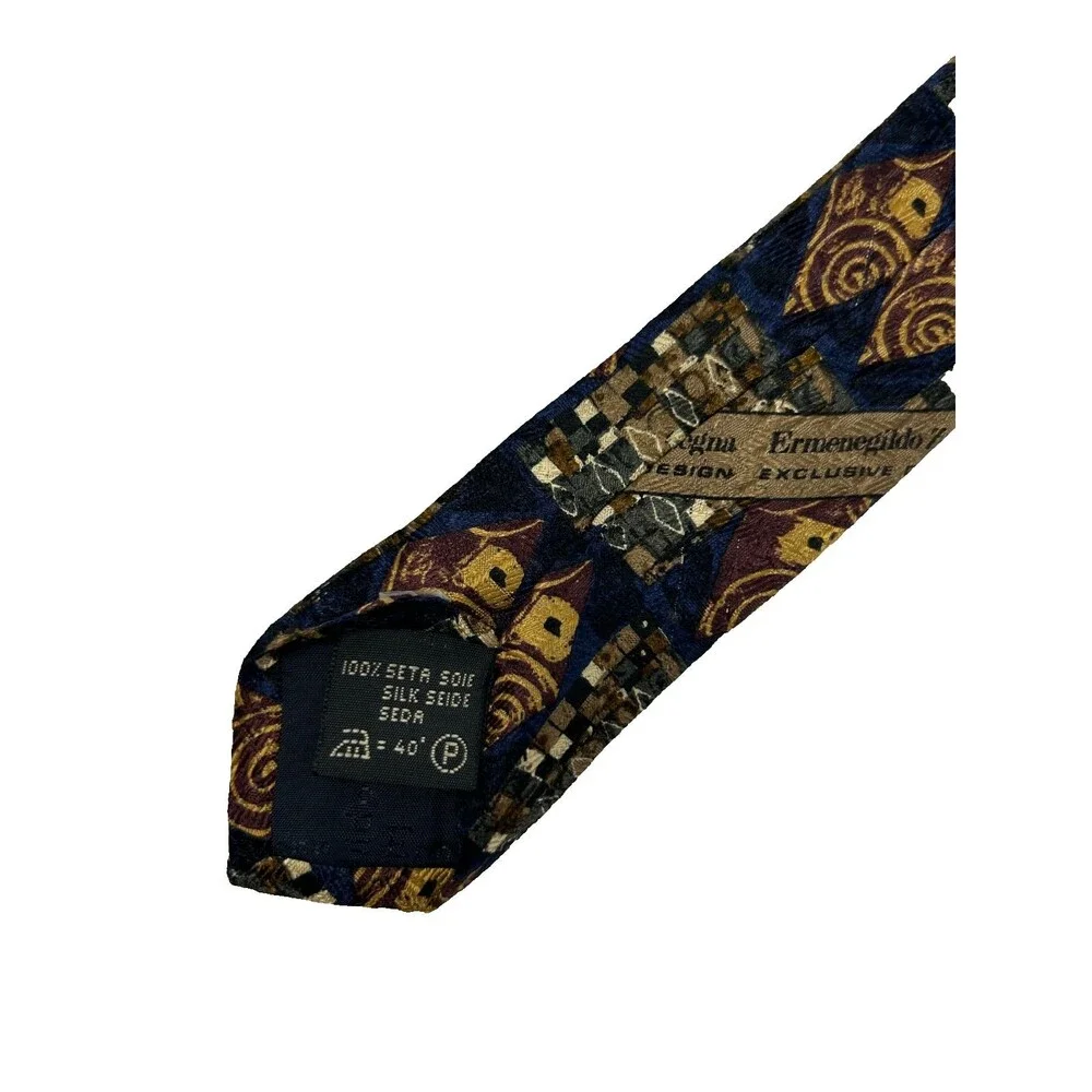 Ermenegildo Zegna Tie Silk Blue Burgundy Gold Geometric Abstract 58.25